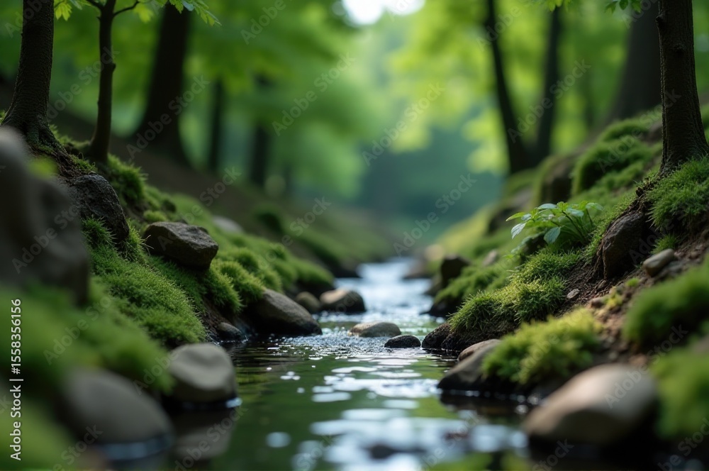 Fototapeta premium A serene and peaceful scene of a stream flowing through a lush green forest