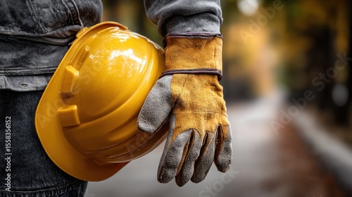 construction worker stands outdoors, holding a yellow hard hat in one hand and leather gloves in the other. backdrop features autumn foliage, creating a vibrant atmosphere for work