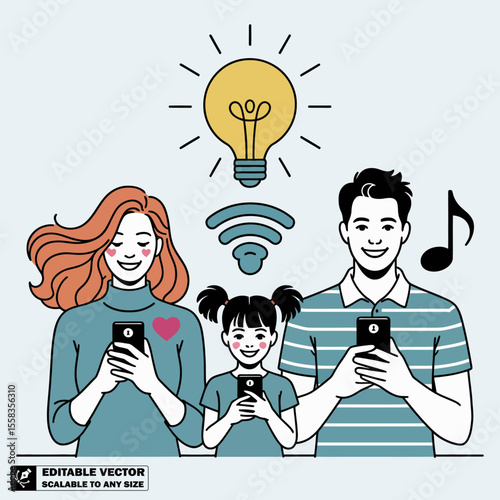 Family using smartphones for social media and entertainment with lightbulb idea concept art
