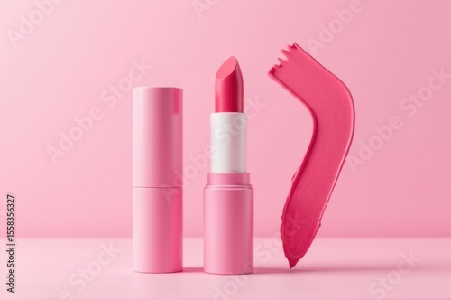 A close-up of a pink lipstick with its matching brush, perfect for a beauty or cosmetics theme