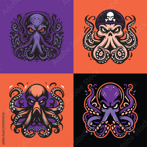Vector illustration of a black cartoon octopus with spiraled tentacles. Suitable for tattoo art, T-shirt prints, posters, or logos.