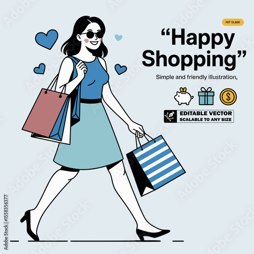 Happy shopping illustration of woman with shopping bags for retail sales and online store promotion use