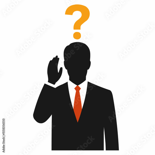 A question mark and silhouette of the man doing a pose to hear