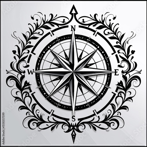 Wallpaper Mural Compass rose with floral frame in black and white vector style Torontodigital.ca