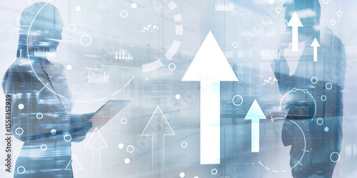 Business intelligence dashboard and arrows up, key performance indicators on a virtual screen computer interface