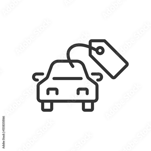 Buying car pixel perfect linear icon. Vehicle pricing tag, transport. Automobile maintenance. Financial management. Thin line illustration. Contour symbol. Vector outline drawing. Editable stroke