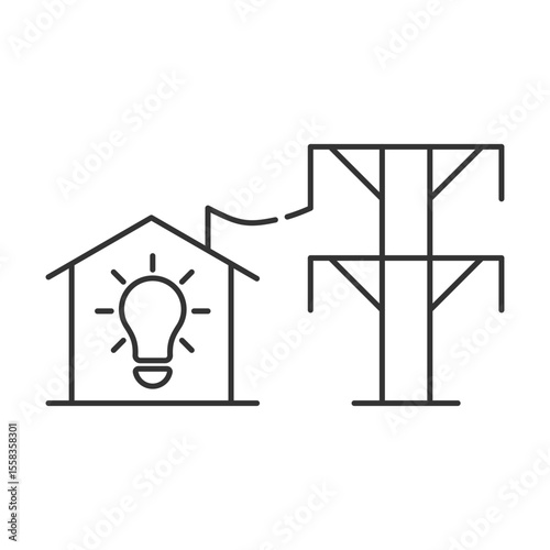 Power transmission lines line icon. Electrical cable connected to house. Electricity transferring system. Isolated vector illustration. Outline symbol. Simple linear drawing. Editable stroke