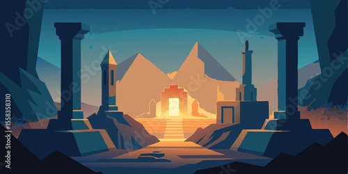 Vector illustration of an ancient city skyline with a castle, mosque, and architectural landmarks at sunset