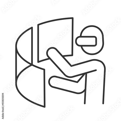 Person using AR line icon. User wearing goggles working with virtual screens. Computing technology. VR integration. Isolated vector illustration. Outline symbol. Simple linear drawing. Editable stroke