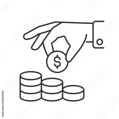 Hand putting coin on stack line icon. Savings investment program. Money earnings amount. Business profit. Isolated vector illustration. Outline symbol. Simple linear drawing. Editable stroke