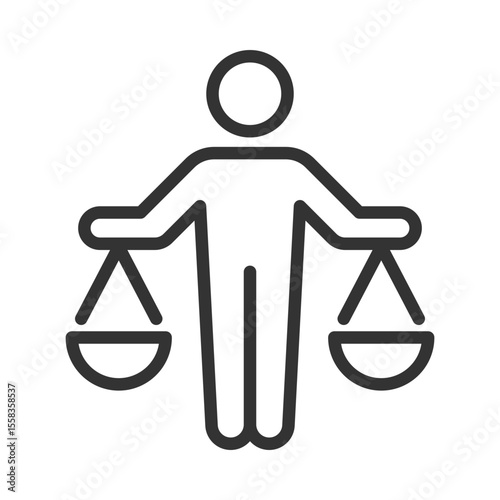 Right to equality before law pixel perfect line icon. Justice for everyone. Person holding balance scales pans. Isolated vector illustration. Outline symbol. Simple linear drawing. Editable stroke