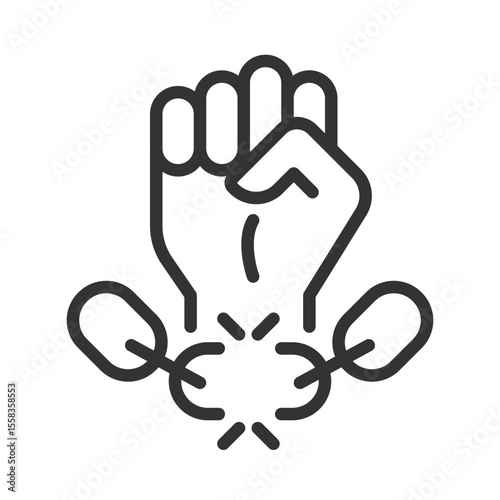 Freedom from slavery pixel perfect line icon. Stop trafficking and exploitation. Human rights. Fist breaking chain. Isolated vector illustration. Outline symbol. Simple linear drawing. Editable stroke