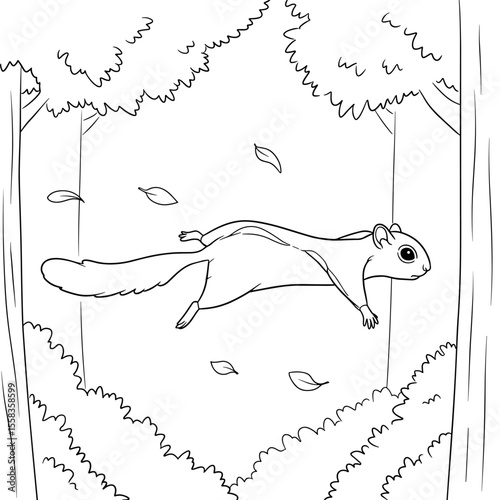 A flying squirrel glides gracefully through the forest, surrounded by drifting leaves.