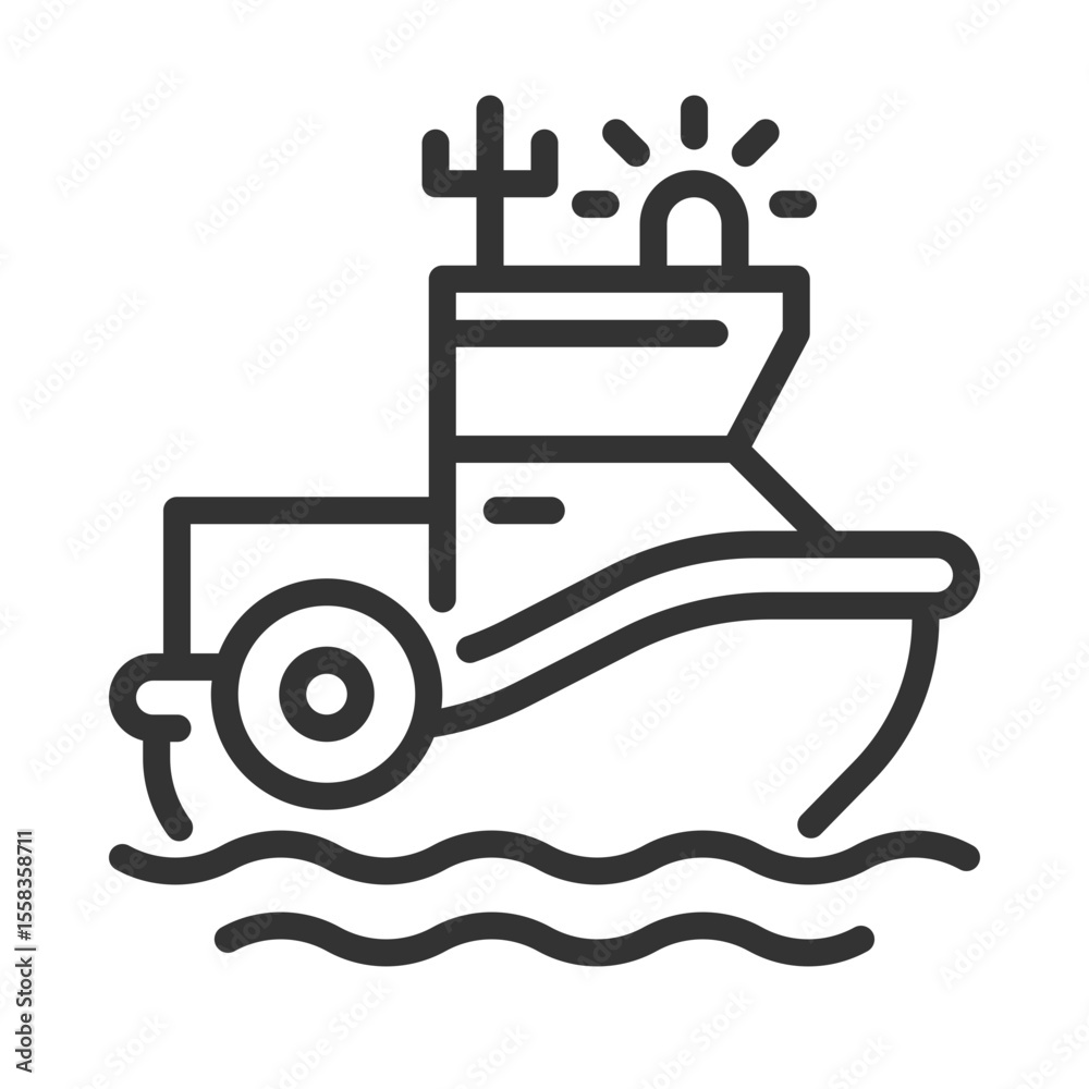 Coast guard boat pixel perfect line icon. Maritime security vessel. Law enforcement and rescue on water. Isolated vector illustration. Outline symbol. Simple linear drawing. Editable stroke Coast guard boat pixel perfect line icon. Maritime security vessel. Law enforcement and rescue on water. Isolated vector illustration. Outline symbol. Simple linear drawing. Editable stroke