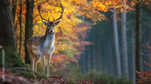 A deer stands in a forest with autumn leaves on the ground photo