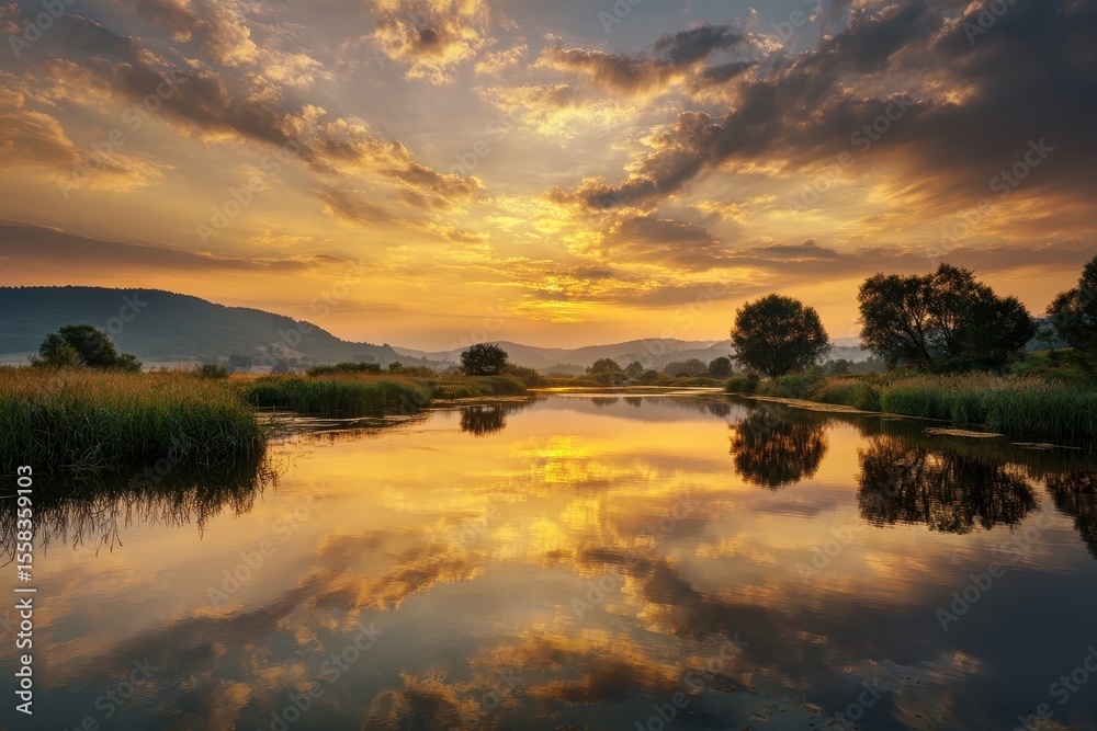 Fototapeta premium Vibrant sunset over a tranquil river reflecting golden hues with silhouettes of trees and mountains creating a breathtaking landscape