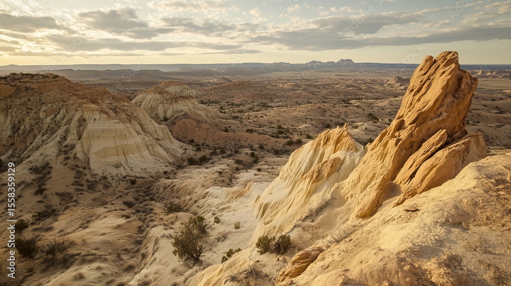Fototapeta premium Sunset over a vast, arid landscape featuring dramatic sandstone formations, showcasing textured rock faces and diverse desert flora under a partly cloudy sky