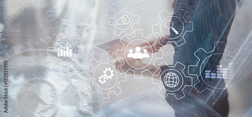 Automation of business. Gears icon on network connection