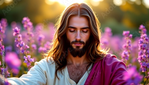 a bearded man with long hair in a field of lavender flowers