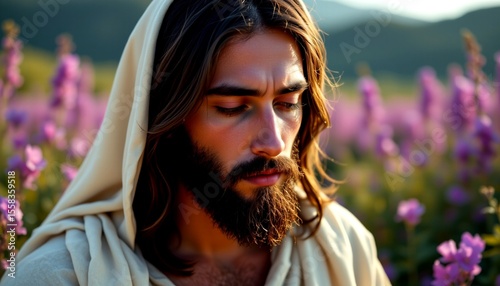 a man in a field of lavender flowers, who appears to be portraying jesus christ, as suggested by the attire and serene demeanor typical of religious i