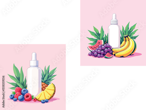 Vsai cosmetic serum bottles surrounded by fresh tropical fruit and leaves