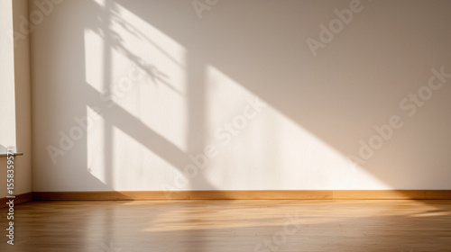 Sunlight casts window shadows on an empty white wall above a clean wooden floor, creating a calm and minimalistic interior scene.