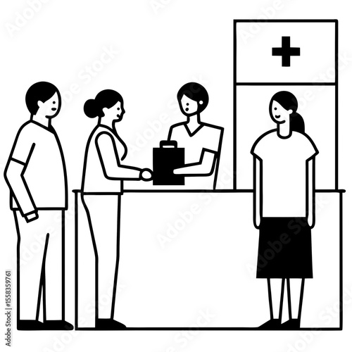 Clinic Environment: A clean and welcoming reception area with patients and staff.