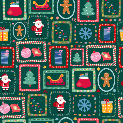 Festive Christmas seamless retro pattern with Santa Claus, gifts and decorations in frame sections on dark green background.