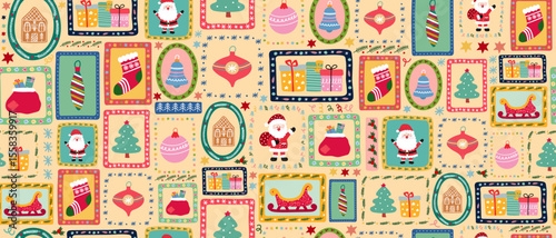 Christmas seamless retro pattern with Santa Claus, gift box, gingerbread house, stocking, bells and sleigh. Winter holiday season theme.