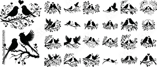 Birds couple silhouette on branch, Birds branch in couple love silhouettes, love bird silhouettes, Art decoration, Wall decoration, Romantic