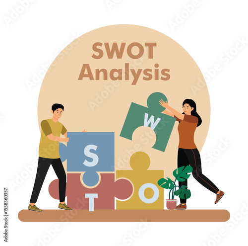 SWOT analysis concept. Team Collaborating with Puzzle Pieces.