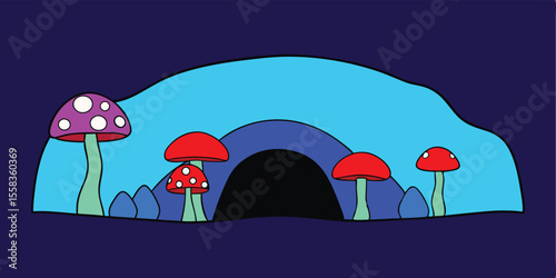 Night landscape with houses and trees featuring a cartoon umbrella for protection from autumn rain under a cloudy sky