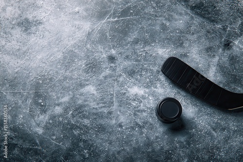 Old black hockey stick and rubber puck resting on frozen ice surface during an afternoon practice session for aspiring hockey players