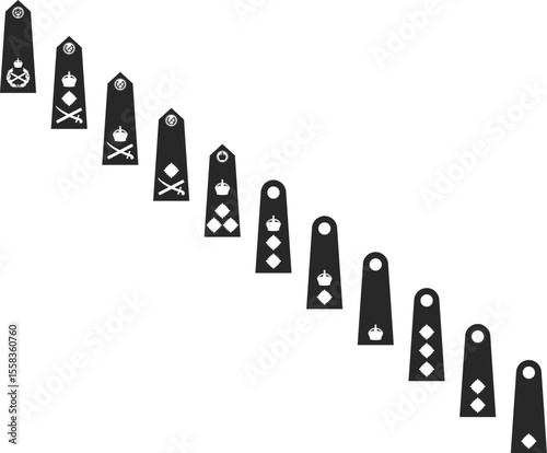 Military ranks of the British Army officers, military ranks from lieutenant to field marshal in the form of black silhouettes.