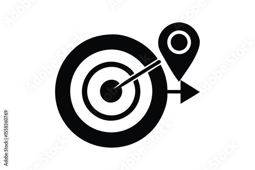Strategic Target Location: Modern Minimalist Black and White Icon Graphic Illustrating Precise Goal Achievement, Directional Arrow, and GPS Pinpoint for Business, Marketing, and Navigation Concepts.