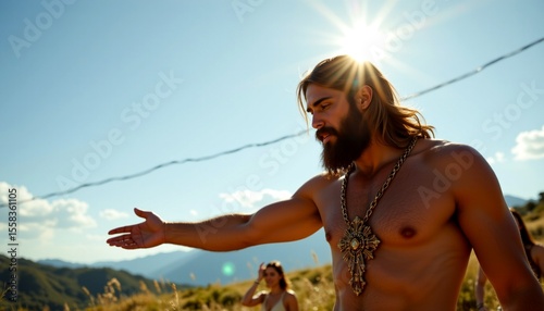 an individual standing in an open outdoor space under clear skies, with a vast landscape visible in the background