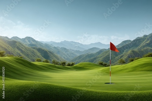 Spectacular golf course features a hole with a flag set against majestic mountains and a clear blue sky during daylight