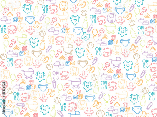 Background or pattern with Baby Essentials theme. With doodle style. For layout, website, graphic design.