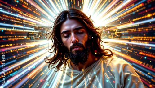 a person sitting with their eyes closed, radiating outward as if emanating from within, set against an intricate pattern that resembles digital lights