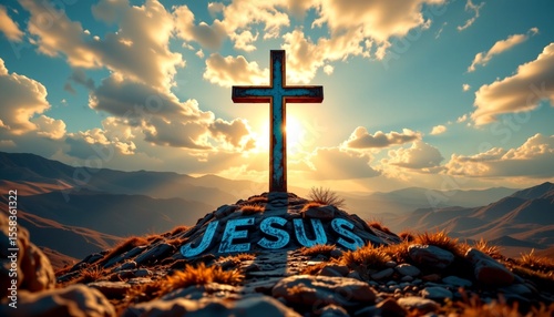 a religious image features a prominent christian cross in the foreground on a mountain top at sunset, with the word 