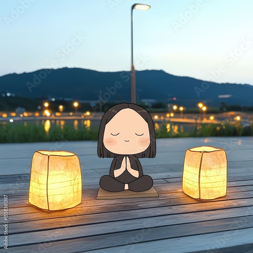 A rooftop evening yoga session with a chibi character stretching under soft lantern lights
