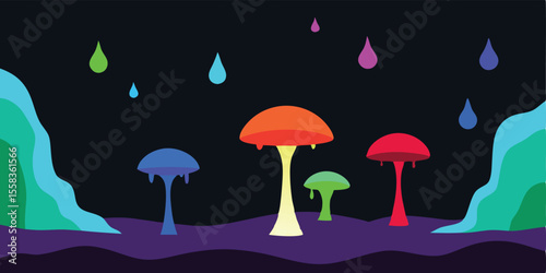 Vibrant alien mushroom forest with colorful glowing raindrops