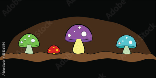 Enchanted Mushroom Grove A whimsical illustration of colorful fungi in a dark, earthy setting