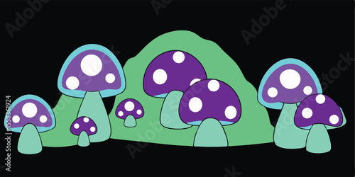 Enchanted Mushroom Meadow A whimsical illustration of purple and teal fungi in a magical landscape
