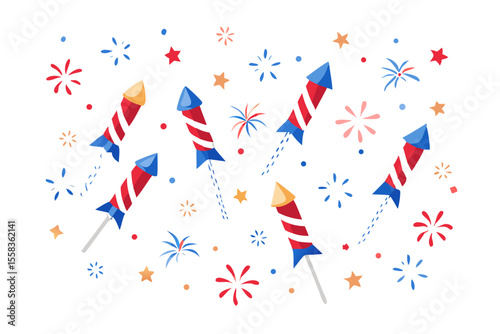 Festive fireworks and rockets explode against a dark background