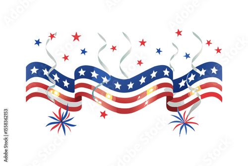 Waving american flag ribbon with stars confetti and fireworks
