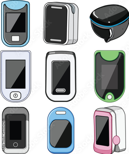 oxygen fingertip monitor set cartoon vector illustration