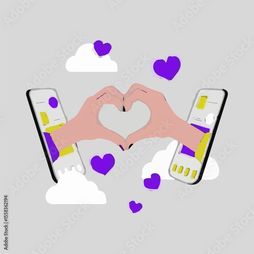 An illustration of two hands reaching out from separate smartphone screens to form a heart shape. This concept symbolizes online dating, long-distance relationships, and finding love or connection thr