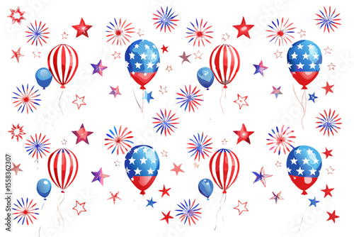 Festive independence day balloons fireworks and stars on black background