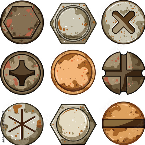 rusty screw head set cartoon vector illustration